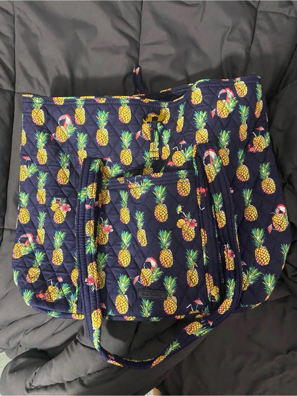Vera Bradley Navy Quilted Tote with Yellow Pineapple Print